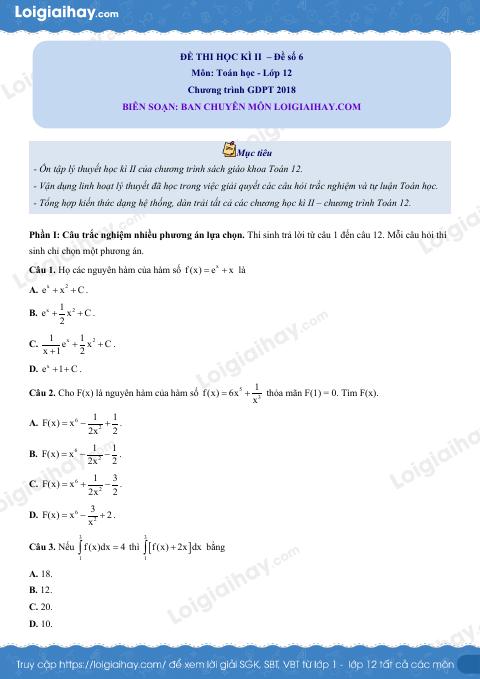 Đề thi học kì 2 Toán 12 - Đề số 6